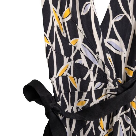 Diane Von Furstenberg DVF Antonio Black Yellow Leaf Print V-Neck Wrap Dress 8 - Picture 4 of 10